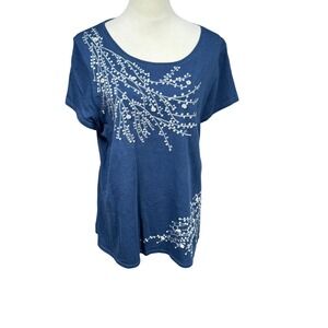 Coldwater Creek‎ Coastal Blue Womens 1X Short Sleeve Embroidered Botanical Top